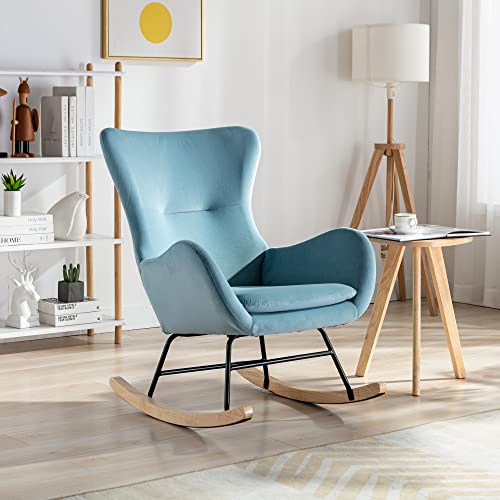 Image of Small Rocking Accent Chair, Uplostered Glider Rocker Armchair for Baby Nursery, Comfy Side Chair for Living Room, Bedroom (Light Blue+Velvet)