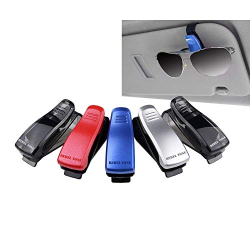 Sun Glasses/Glasses Holders for Car Visors - 5 Pack - Multicolor - Perfect Storage Organizer - Easy Clip On System - Also Ideal for Holding Cards - with Rebel Tone Cleaning Cloth and Retail Pack