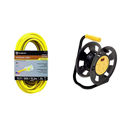Southwire 2588SW0002 Outdoor Extension Cord- 12/3 American Made SJTW Heavy Duty 3 Prong Extension Cord- Great for Commercial Use ( 50 Foot- Yellow) & Designers Edge E230 Extension Cord Storage Reel