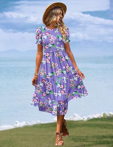 Image of YESNO Women's Summer Causal Puff Short Sleeve Smocked Dress Elastic Waist Tiered Midi Dress with Pockets EP2