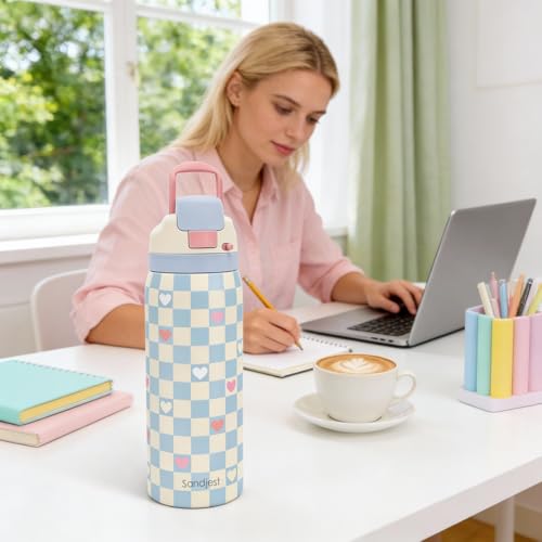 Image of Checkered and Heart Stainless Steel Water Bottle, Vacuum Insulated, Push-Button Lid, 32 oz, Gifts for Women Girls Friends Teens Birthday Christmas