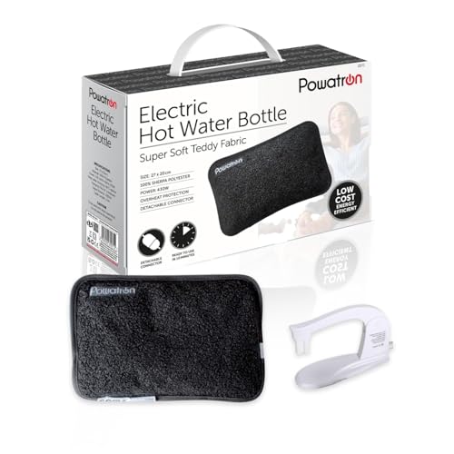 POWATRON Rechargeable Electric Hot Water Bottle - Electric Heat Pad with Overheat Protection, Soft Sherpa Polyester, 430W Power & Detachable Connector | Perfect for Home & Office (Black)