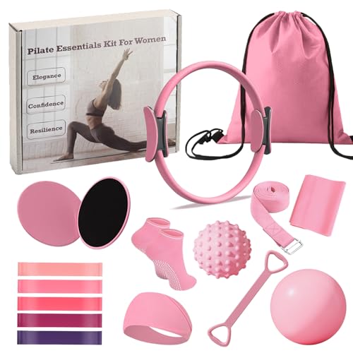 Anheirake Pilates Ring Circle Set for Women, Workout Equipment Set for Home with 14'' Magic Circle, Mini Ball, Resistance Bands, Hip Thrust Belt, Non Slip Socks for Legs Arms and Thighs (Pink)