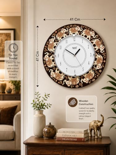 Image of Ajanta 41 CM MDF Wooden Wall Clock with Printed Elephant Design, Tic TOC Movement for Home Living Room Office