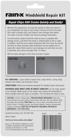 Rain-X 600001 Windshield Repair Kit - Quick and Easy Durable Resin Based Windshield Repair Kit for Chips and Cracks, Good for Round Damage Below 1" in Diameter and Cracks Smaller Than 12" in Length - 1