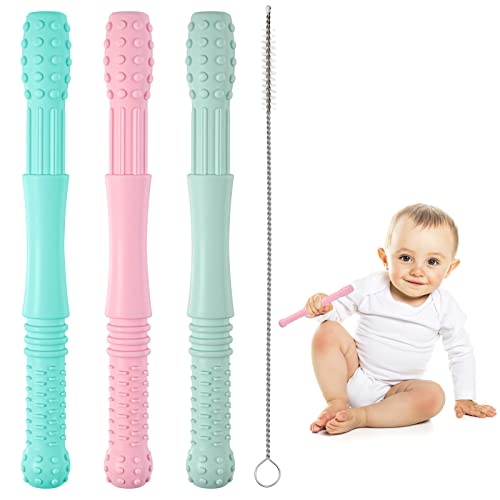 Beißröhrchen, Silikon Beissring Baby, BPA-frei, Baby Zahnungshilfe, Natürliche Organische Greifling, Unisex (3 Pack, mit Reinigungsbürsten)