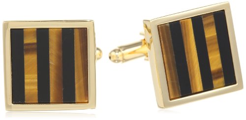 Stacy Adams Men's Square Gold Cuff Link W/onyx & Tiger Eye Stripe, One Size