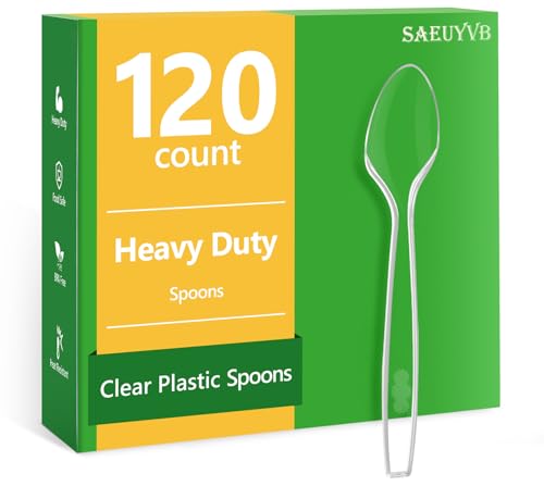 120 Count Plastic Spoons - Premium Disposable Spoons,Clear Plastic Silverware Spoons Heavy Duty,BPA-Free,Heat Resistant,Suitable for Parties,Events and Everyday Use