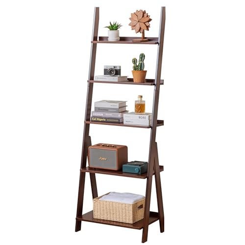 Maydear Bamboo Ladder Shelf Bookcase, 5-Tier Leaning Bookshelf Free Standing Organizer Storage Shelves for Living Room, Bedroom, Kitchen, Home Office, Balcony, Dark Walnut