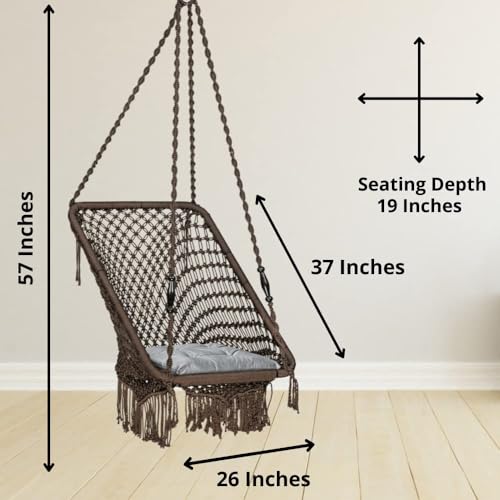 Image of Swingzy Premium Rectangle Swing Chair for Adults | Stylish Indoor Outdoor Hanging Swing | Polyester Blend Large Swing for Balcony | Durable Relaxing Hammock Chair (Accessories Included, Brown)