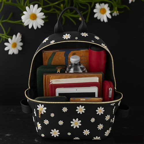 Image of Jessica Simpson Waterproof Mini Vegan Leather Backpack Purse for Women, Travel, Work (Black Daisies)