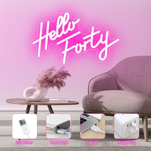 Image of Hello Forty Neon Sign 40th Birthday LED Neon Light for Forty Birthday Party Decor Hallo Forty Party Favors Personalized Gift for Girls
