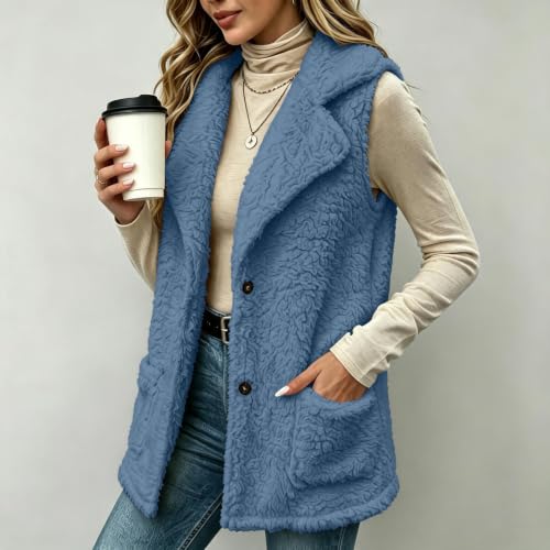 Aymnlox Vest for Women Fleece Fuzzy Sleeveless Lapel Jacket Button Down - image 3