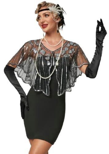 1920s Party Prom Shawls and Wraps for Women Retro Hollow Out Pashmina Sequin Poncho Bridal Shawls Flapper Evening Cape