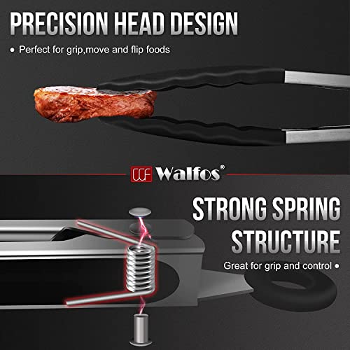 Walfos Kitchen Tongs - Heat Resistant 480℉ Silicone Tongs Set of 3, Thickened Stainless Steel and BPA Free Silicone Tips,Great for Cooking,Grilling,Turning,18cm/ 23cm/ 30cm Food Tongs (Black)