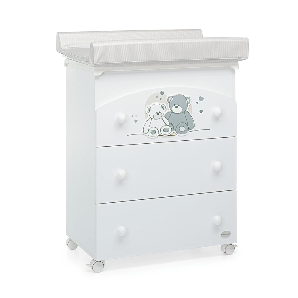 Foppapedretti Bagnetto Fasciatoio Mascotte, Made in Italy, Legno, 3 cassetti, piano fasciatoio ribaltabile. chiusura ammortizzata, vaschetta anatomica estraibile, 4 ruote di cui 2 con freno, Bianco