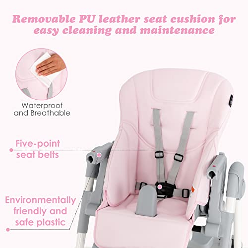 Infans High Chair For Babies & Toddlers, Foldable Highchair With Multiple Adjustable Backrest, Footrest And Seat Height, Removable Tray, Detachable Pu Leather Cushion, Built-In Rear Wheels (Pink) #TOP3