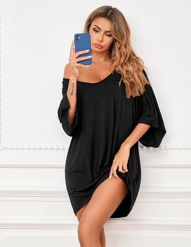 Ekouaer Women's Sleepshirt Deep V Neck Nightgown Batwing Nightshirt Oversized Sleepwear2