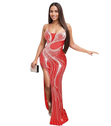 Image of Jigfar Women Sexy Elegant Rhinestone Mesh See Through Party Club Night Split Bodycon Formal Maxi Dress