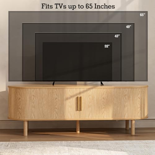 Image of ZttRiee TV Stand with Sliding Doors for TVs up to 60 inch, Modern, Natural | 55 inchW x 18.5 inchH x 15.7 inchD, 200 lbs top / 50 lbs shelf, 2 central shelves & 2 side cabinets, rounded corners, ~60 min assembly