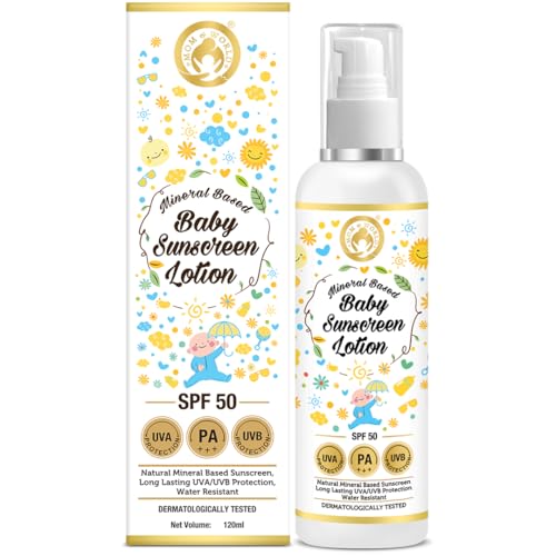 Image of Mom & World Mineral Based Baby Sunscreen Lotion 120ml - Pack of 2 | Spf 50 Pa+++| Uva /Uvb Protection | Chemical Free | Outdoor Safe | Sensitive Skin Friendly | Dermatologically Tested | Water Resistance