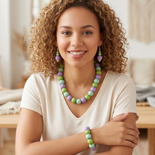 Collar, pulsera y pendientes de madera morada y verde para un look boho chic alegre 2