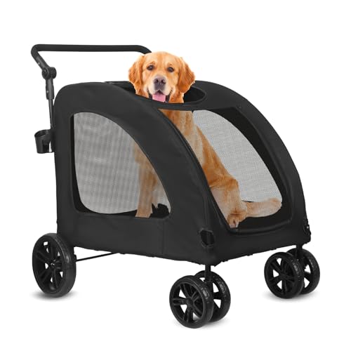 Vinteky Hundewagen Hundebuggy Hundebox, für mittelgroße bis große Hunde, Transporttasche Faltbar klappbar bis 30kg, Haustiere Buggy mit Netzfenstern Getränkehalter, Jogger Schwarz
