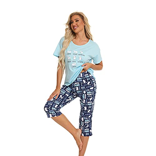 Misscoo Juego de Pijamas para Mujer sin Mangas Pantalones Capri para Mujeres niñas Estudiantes algodón Primavera y Verano Pijamas para Dormir Cover