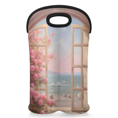 GzLeyigou 2 Bottles Scenery Outside Window Wine Bag Sleeve Totes Neoprene Protective Wine Carrier Bag for Wine,Water, Champagne, Beer, Baby Bottles,Gift 14.5 x 10 Inches