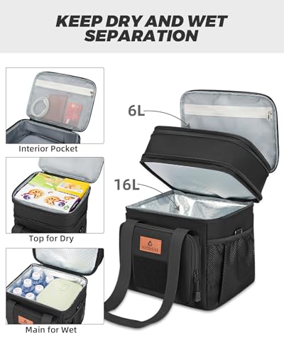 Taktische Lunchtasche, doppellagige isolierte große Kühltasche für Herren Erwachsene wasserdichte auslaufsichere langlebige Lunch Tasche für die Arbeit Picknick im Freien 22L, Schwarz HSHRISH