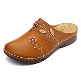 [Doublure]: Cuir Gracosy Sandales Femme, Sabots Mules en Cuir PU Pantoufle Plage Tongs Eté Chaussures Jardinage Maison avec Semelle Confortable Chaussons d’Extérieur Printemps Marron 41 EU