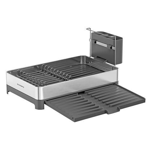 SONGMICS Dish Drainer Rack, Expandable Dish Drying Rack, Stainless Steel Kitchen Dish Rack with Utensil Holder, Rustproof, for Dishes, Knives, Spoons, Forks, Silver and Grey KCS035G01