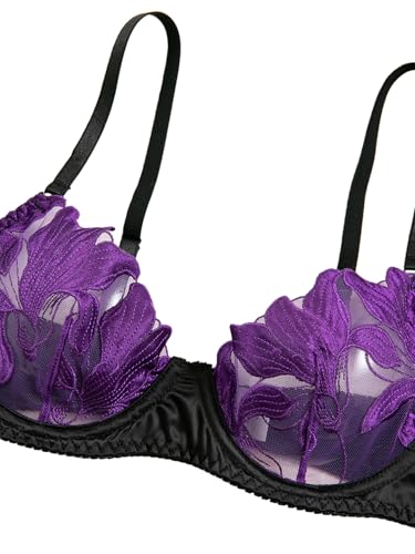 Image of Lilosy Sexy Leaf Floral Embroidered Mesh Sheer Women Underwire Push Up Lingerie Set