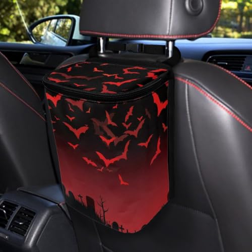 Image of Halloween Red Black Bats Garbage Can /Bag with Lid Organizer and Storage Bag Auto Rubbish Bags Universal Car Accessories Interior Decoration
