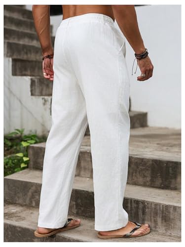 Men's Straight Wide Leg Casual Linen Pants Drawstring Waist Vacation Boho Trousers with Pockets3