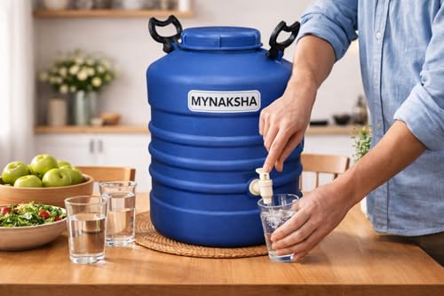 Image of MYNAKSHA Water Dispenser with Tap, Plastic Water Storage Drum, Open Top with Lid, Ideal for Home, Kitchen & Office, Food Grade HDPE Material, UV-Stabilized (25 litres, Blue)