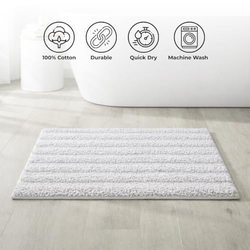Image of Premium Combed Cotton Tufted Bathmat 50 x 80 cm, 1800 GSM Soft Absorbent Anti Skid Bathroom Floor Mat with Latex Backing, Quick Dry Non Slip Bath Rug for Shower & Daily Use, Stripes Silver