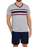 tee shirt col v homme blanc RAYURES CONTRASTéES : cet ensemble pyjama décontracté pour homme présente un col en V color block et un motif rayé, créant un style minimaliste mais distinctif qui apporte une touche tendance et un confort décontracté.