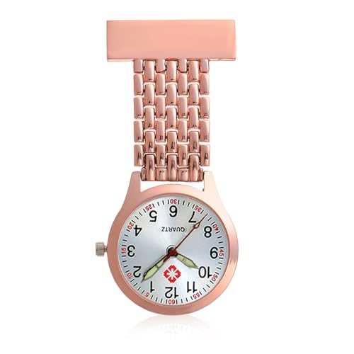 Nurse Fob Watch with Glow in The Dark Quartz Movement,Stainless Steel Adjustable Date Clip-on Pocket Watch for Doctors,Paramedics,and Medical Professionals,Water Resistant Hanging Lapel Pin (rosegold)