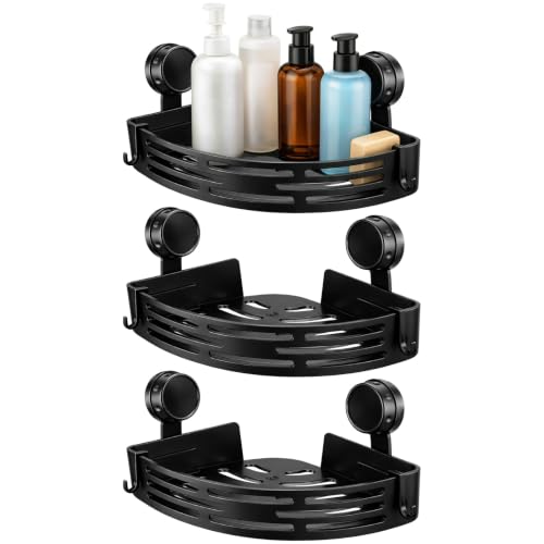 3 Pcs Black Triangle Suction Cup Shower Caddy, No-Drill Corner Storage Shelves with Hooks, Long-Lasting Plastic Bathroom Organizer for Shampoo, Soap, Spices, 11.61 x 8.66 x 2.09 in