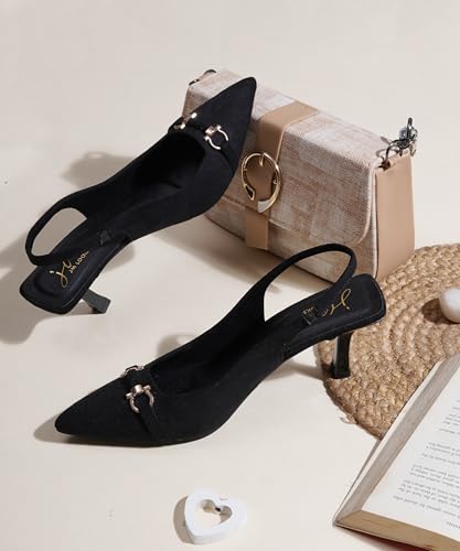 Image of JM LOOKS Women's Sophisticated Pointed Toe Slingback Kitten Heels with Metallic Buckle Accent for Professional and Evening Elegance