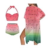 TODIYADDU Watermelon Bikini Sets for Women 3 Piece Swimsuits Sexy Tie Full Coverage Bathing Suit with Short Sleeve Mesh Cover Up Summer Beach Swimwear for Sport/Party, XL