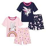 Smazero Little Girls Unicorn Pyjamas Sets Cotton Short Sleeved Summer Pjs for Kids Pajamas 3-8 Years Sleepwear - 4-Piece Pink-navy