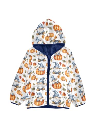 Blue Gnomes Orange Pumpkins Girls Fleece Jacket Girls Fall Jacket Boys Coats Zip Up Hoodie Children Outerwear 2-10T