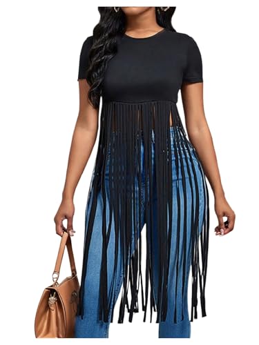 SOLY HUX Women's Short Sleeve Fringe Tops Crew Neck Slim Fit Tee Going Out Summer T Shirt