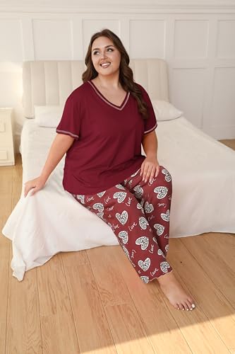 Image of Vozanet Women's Plus Size Pajama Sets Short Sleeve Long Pants Solid Color with Piping Trim Elegant Loungewear Cozy Sleepwear