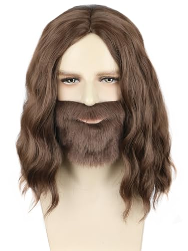 Topcosplay Jesus Costume Wig and Fake Beard Funny Mens Short Curly Hair Wizard Wigs for Halloween Costume Party
