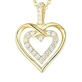 Luxury Gold Heart Pendant Necklace with 925 Sterling Silver Underlay with Delux Pendant Box, Cubic Zirconia Gemstones, Double Heart Design, Gift Valentines Day, Anniversary, Birthday, Graduation
