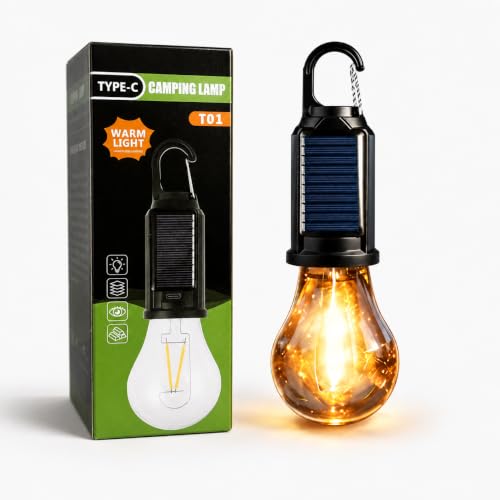 Image of Solar Powered Rechargeable Camping Light Bulb with Hanging Hook, Portable LED Tent Lantern with USB Type-C Charging for Camping, Hiking, Trekking, Emergency, Outdoor & Home Use, Pack of 1