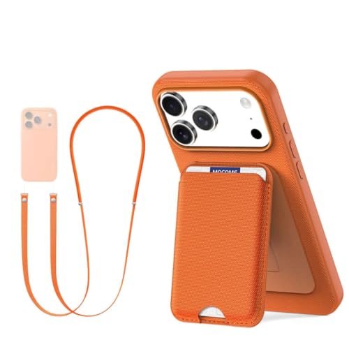 Étui iPhone 15 Pro orange avec cordon et porte-cartes magnétique chic